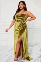 Elegant Olive Velvet Maxi Dress with Corset Boning & High Slit – Cowl Neck Tube Dress with Drape Detail(Olive,XS)