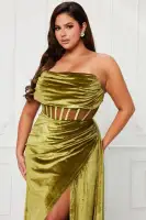 Elegant Olive Velvet Maxi Dress with Corset Boning & High Slit – Cowl Neck Tube Dress with Drape Detail(Olive,XS)