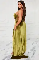 Elegant Olive Velvet Maxi Dress with Corset Boning & High Slit – Cowl Neck Tube Dress with Drape Detail(Olive,XS)