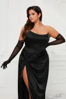 Elegant Mustard & Black Satin Maxi Dress Set with Corset Waist, High Slit & Detachable Mesh Gloves(Black,XS)