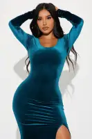 Elegant Hunter Velvet Maxi Dress with Long Sleeves & High Slit – Stretch Polyester & Spandex Blend(Hunter,XS)