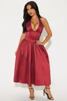 Elegant Wine Taffeta Midi Dress - Deep V-Neck Halter with Faux Corset Waist & Backless Design