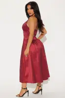 Elegant Wine Taffeta Midi Dress - Deep V-Neck Halter with Faux Corset Waist & Backless Design(Wine,XS)