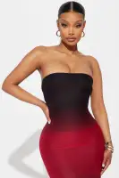 Stylish Red/Combo Mesh Maxi Dress with Tube Back & Zipper - Stretchy Polyester Blend(Red/combo,XS)