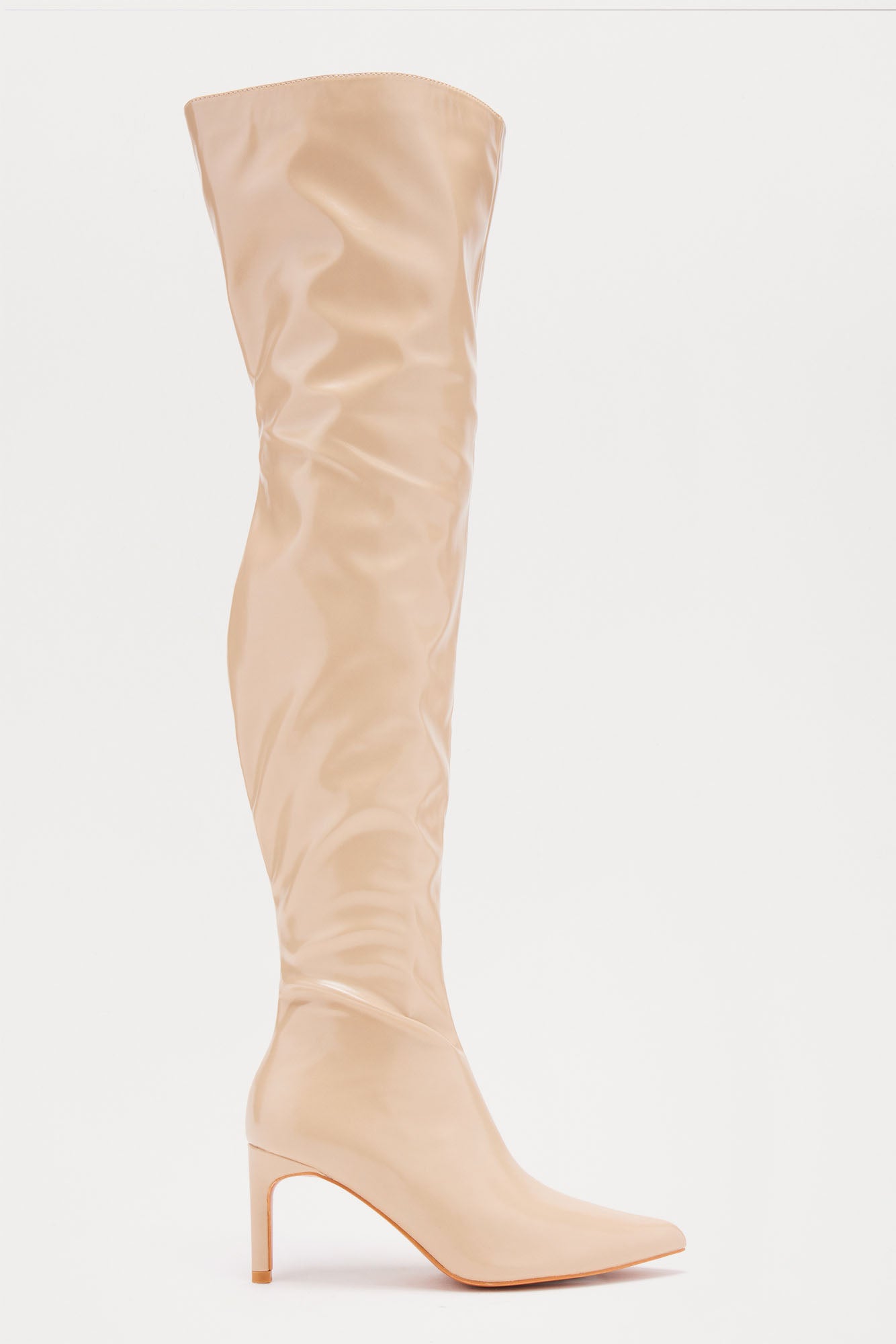 Sexy Thigh-High Heeled Boots - 3 Pointed Toe Stiletto Boots in Nude
