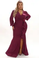 Elegant Purple Maxi Dress with Puff Sleeves & High Slit – Ruched Ruffle Detail & Mermaid Hem(Purple,XS)