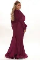 Elegant Purple Maxi Dress with Puff Sleeves & High Slit – Ruched Ruffle Detail & Mermaid Hem(Purple,XS)