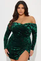 Hunter Mesh Mini Dress - Off Shoulder Long Sleeve Floral Print with Side Slit & Ruched Stretch Design(Hunter,XS)