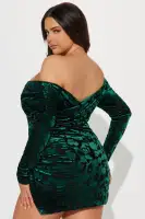 Hunter Mesh Mini Dress - Off Shoulder Long Sleeve Floral Print with Side Slit & Ruched Stretch Design(Hunter,XS)