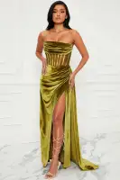 Elegant Olive Velvet Maxi Dress with Corset Boning & High Slit – Cowl Neck Tube Dress with Drape Detail(Olive,XS)