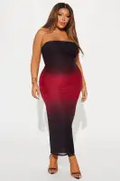 Stylish Red/Combo Mesh Maxi Dress with Tube Back & Zipper - Stretchy Polyester Blend(Red/combo,XS)