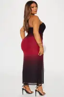 Stylish Red/Combo Mesh Maxi Dress with Tube Back & Zipper - Stretchy Polyester Blend(Red/combo,XS)