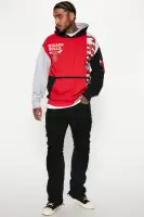 Big & Tall Hooded Drawstring Ribbed Cuff Hem Colorblock Printed Sweatshirt(Red,S)