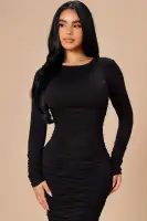 Stylish Ruched Stretch Mini Dress - Crew Neck, Polyester/Spandex Blend, Multiple Colors(Black,S)