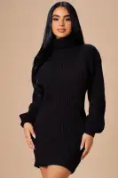 Elegant Long Sleeve Balloon Sleeve Sweater Mini Dress - 65% Cotton, 35% Acrylic, Stretchy & Comfortable - Black, Cognac, Taupe