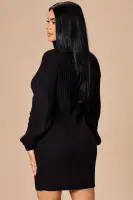Elegant Long Sleeve Balloon Sleeve Sweater Mini Dress - 65% Cotton, 35% Acrylic, Stretchy & Comfortable - Black, Cognac, Taupe(Black,XS)