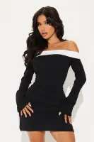 Elegant Off-Shoulder Mini Dress with Bell Sleeves & Contrast Trim - Black/White(Black/White,XS)