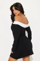 Elegant Off-Shoulder Mini Dress with Bell Sleeves & Contrast Trim - Black/White(Black/White,XS)
