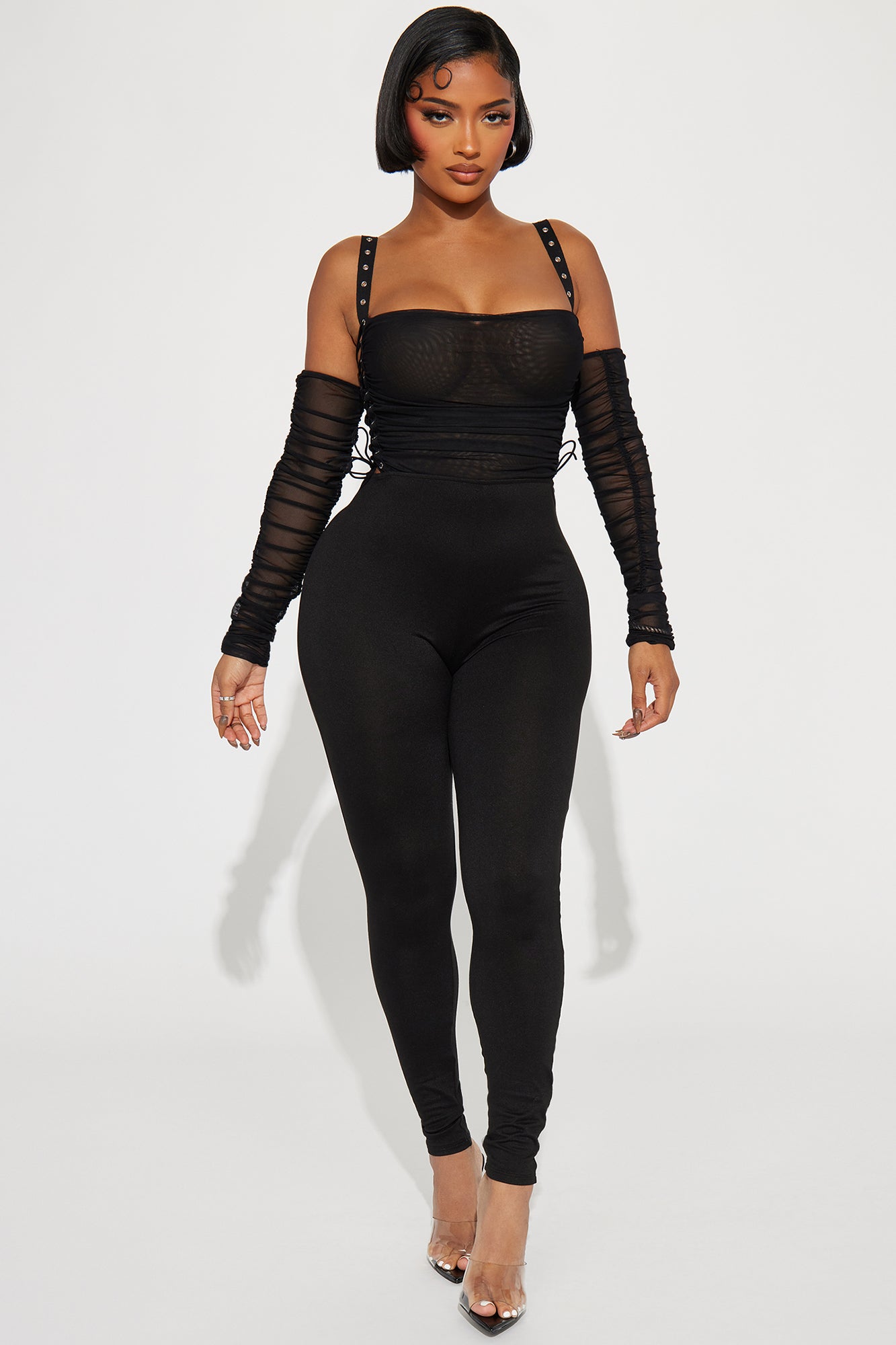 Mesh Grommet Straps Detachable Sleeves Lace-Up Ruched Leg Jumpsuit