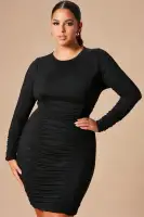Stylish Ruched Stretch Mini Dress - Crew Neck, Polyester/Spandex Blend, Multiple Colors(Black,S)