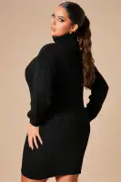 Elegant Long Sleeve Balloon Sleeve Sweater Mini Dress - 65% Cotton, 35% Acrylic, Stretchy & Comfortable - Black, Cognac, Taupe(Black,XS)
