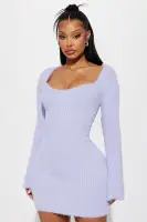 Cozy Lavender & Cream Sweater Mini Dress - Sweetheart Neckline, Long Sleeve Stretch Dress (33 Length)