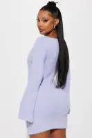 Cozy Lavender & Cream Sweater Mini Dress - Sweetheart Neckline, Long Sleeve Stretch Dress (33 Length)(Lavender,XS)