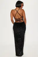 Elegant Velvet Sequin Maxi Dress with Adjustable Straps & High Slit - Available in Multiple Colors(Black,S)