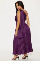 Elegant Plum Pleated Satin Midi Dress – One Shoulder Sleeveless with Draped Detail & Side Zipper(Plum,XS)