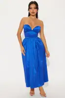 Royal Blue Satin Corset Midi Dress with Sweetheart Neckline & Lace-Up Back