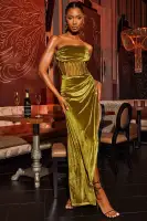 Elegant Olive Velvet Maxi Dress with Corset Boning & High Slit – Cowl Neck Tube Dress with Drape Detail(Olive,XS)
