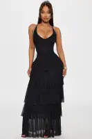 Elegant Black Maxi Dress with Deep V-Neck, Spaghetti Straps & Lace-Up Back – Stretchy Mesh & Ruffle Detail
