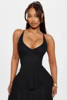 Elegant Black Maxi Dress with Deep V-Neck, Spaghetti Straps & Lace-Up Back – Stretchy Mesh & Ruffle Detail(Black,XS)