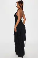 Elegant Black Maxi Dress with Deep V-Neck, Spaghetti Straps & Lace-Up Back – Stretchy Mesh & Ruffle Detail(Black,XS)