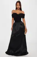 Elegant Black Off-Shoulder Maxi Dress with Ruched Top & A-Line Silhouette - Stretchy Polyester-Spandex Blend