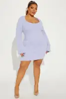 Cozy Lavender & Cream Sweater Mini Dress - Sweetheart Neckline, Long Sleeve Stretch Dress (33 Length)(Lavender,XS)