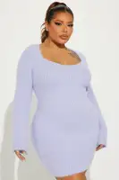 Cozy Lavender & Cream Sweater Mini Dress - Sweetheart Neckline, Long Sleeve Stretch Dress (33 Length)(Lavender,XS)
