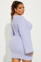 Cozy Lavender & Cream Sweater Mini Dress - Sweetheart Neckline, Long Sleeve Stretch Dress (33 Length)(Lavender,XS)