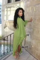 Chartreuse Distressed Sweater Maxi Dress - Mock Neck Long Sleeve Stretch Knit(Chartreuse,XS)