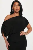 Elegant Off-Shoulder Maxi Dress with Tulip Hem - Black, Burgundy, Hunter(Black,XS)