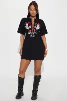 Stylish Black Graphic High Neck Mini Dress - Stretchy Cotton Spandex Blend with Hardware Detail(Black,XS)