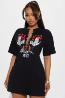 Stylish Black Graphic High Neck Mini Dress - Stretchy Cotton Spandex Blend with Hardware Detail