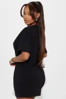 Stylish Black Graphic High Neck Mini Dress - Stretchy Cotton Spandex Blend with Hardware Detail(Black,XS)