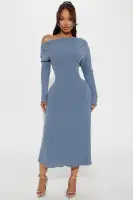 Elegant One Shoulder Midi Dress – Hunter & Denim, Stretchy Long Sleeve, 49 Length