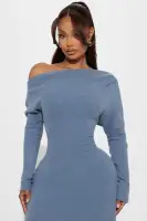 Elegant One Shoulder Midi Dress – Hunter & Denim, Stretchy Long Sleeve, 49 Length(Denim,XS)