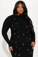 Elegant Black Maxi Dress with High Neckline & Long Sleeves – Stretchy Ruched Design & High Slit(Black,XS)
