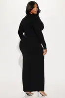 Elegant Black Maxi Dress with High Neckline & Long Sleeves – Stretchy Ruched Design & High Slit(Black,XS)