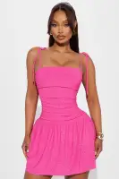 Fuchsia Glitter Drop Waist Mini Dress with Square Neck & Spaghetti Straps