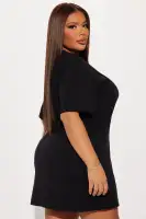 Stylish Black Graphic High Neck Mini Dress - Stretchy Cotton Spandex Blend with Hardware Detail(Black,XS)
