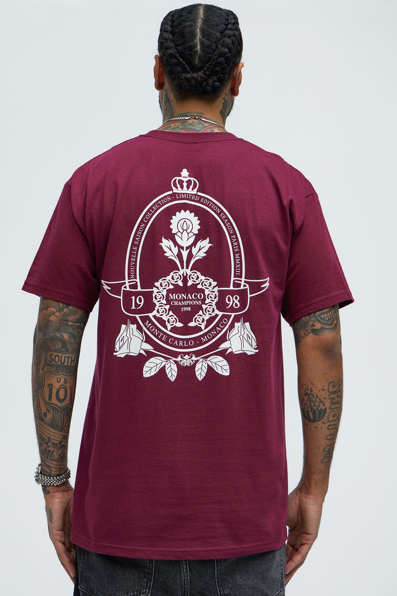 Burgundy Crew Neck Short Sleeve Screen Printed Cotton T-shirt